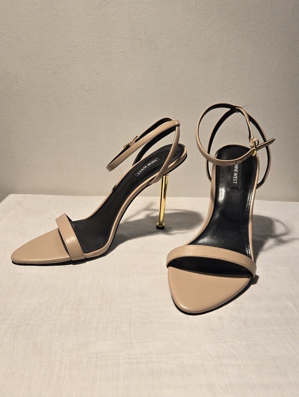Nine West Beige Ankle-Strap Stiletto Sandals with Gold Heel